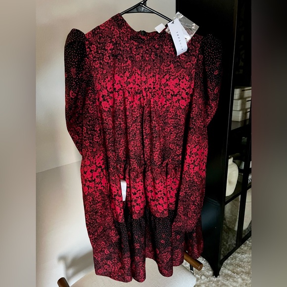Topshop High Neck Puff Sleeve Mini Dress in Red Print - Picture 6 of 6